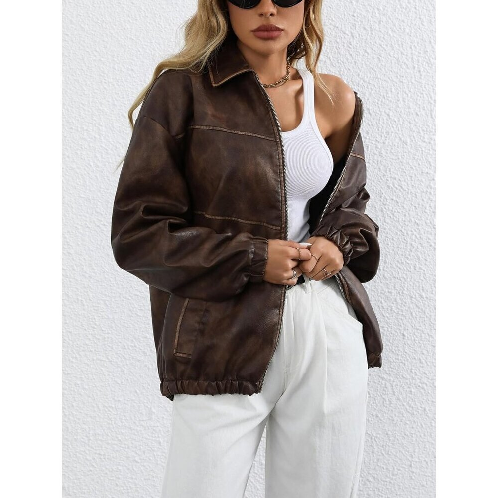Women's Brown 2 Faux Leather Lapel Collar Zip Up Long Sleeve Short Coat Jacket - Picture 3 of 7
